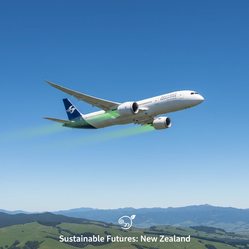 Commercial airplane flying with green engine glow, representing cost-effective biofuels for aviation