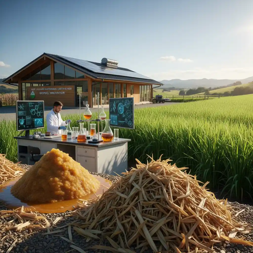 Diverse biofuel feedstocks like used cooking oil and agricultural waste, illustrating pathways to cost-effective biofuels