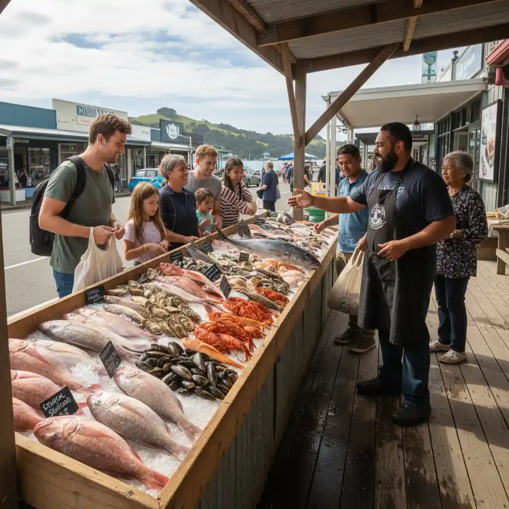 Local New Zealand fish market with fresh, sustainable seafood options.