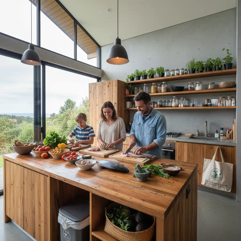 Family cooking local New Zealand fish in a modern kitchen.