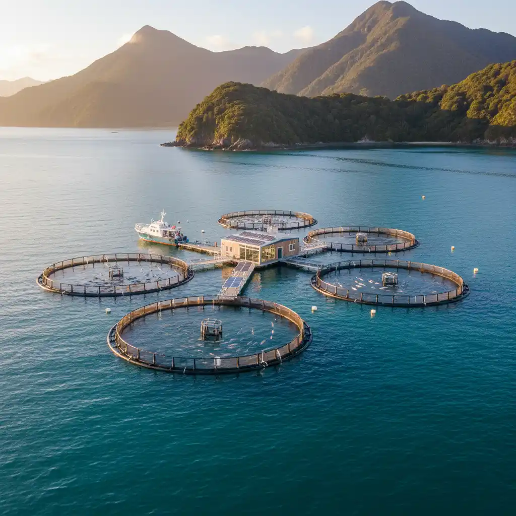 Sustainable aquaculture farm in a clean bay