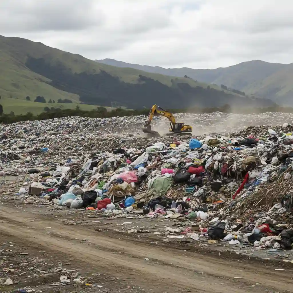Textile waste in a New Zealand landfill site, highlighting the environmental impact