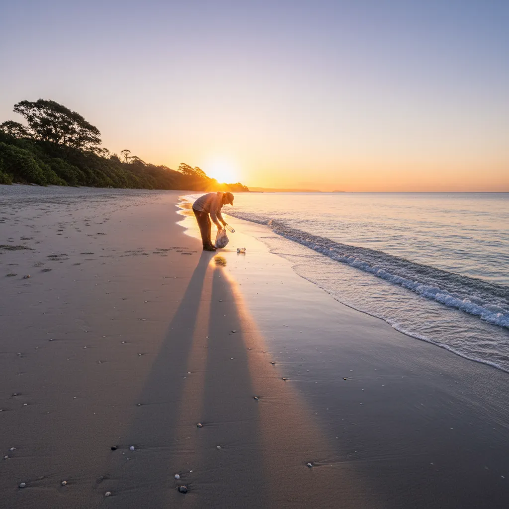 Pristine beach at sunrise with minimal plastic pollution, showing hope for future cleanup efforts