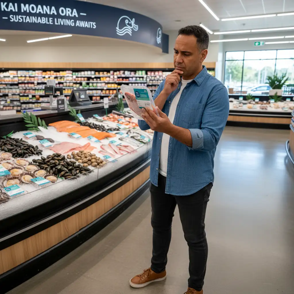 Consumer making an informed choice about sustainable seafood