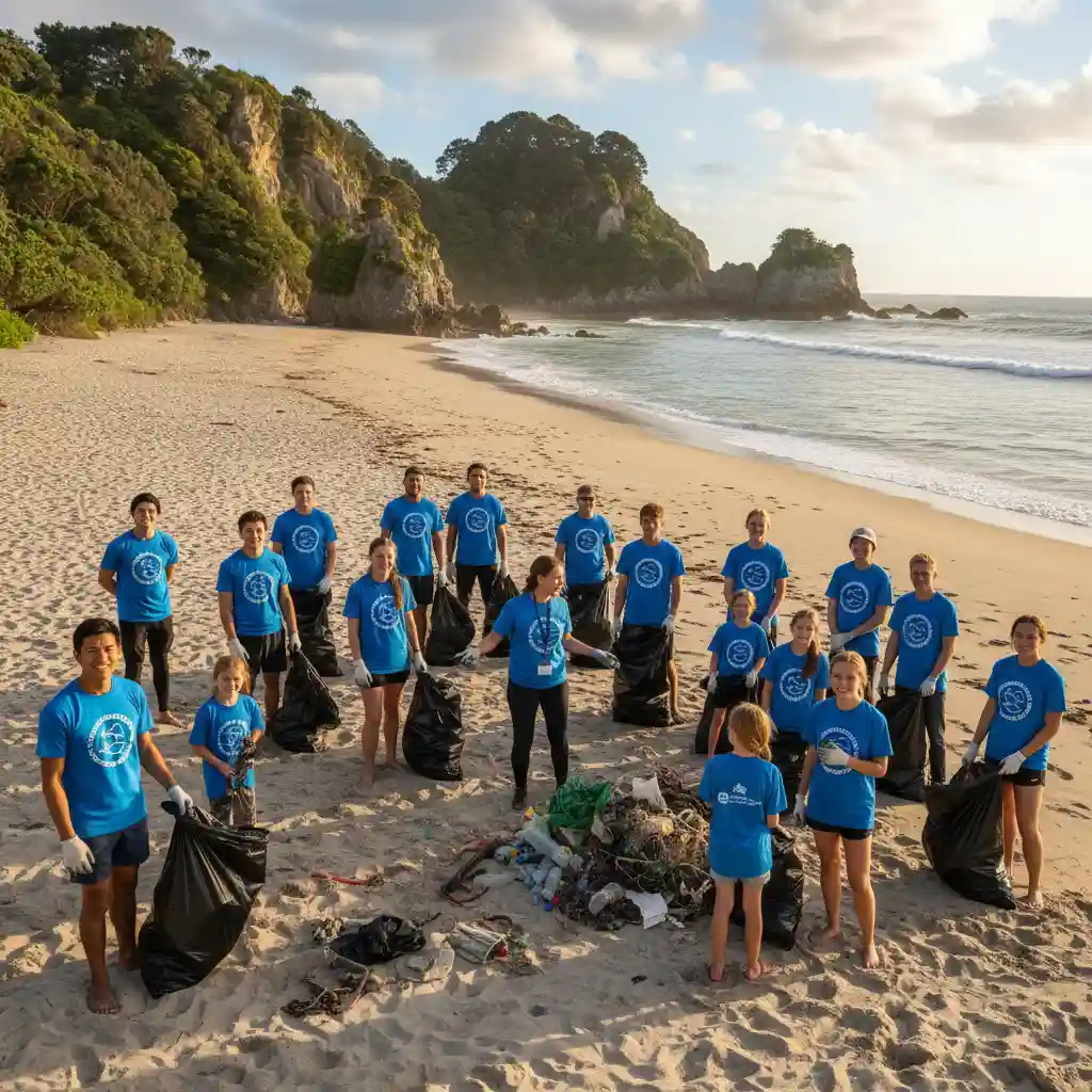 Volunteers participating in an ocean cleanup project