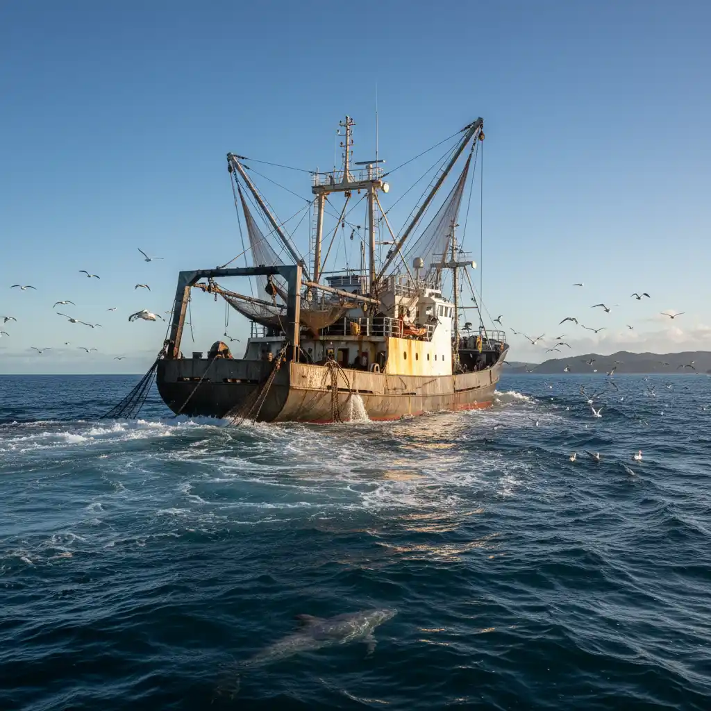 Fishing trawler operating at sea, illustrating the challenge of bycatch