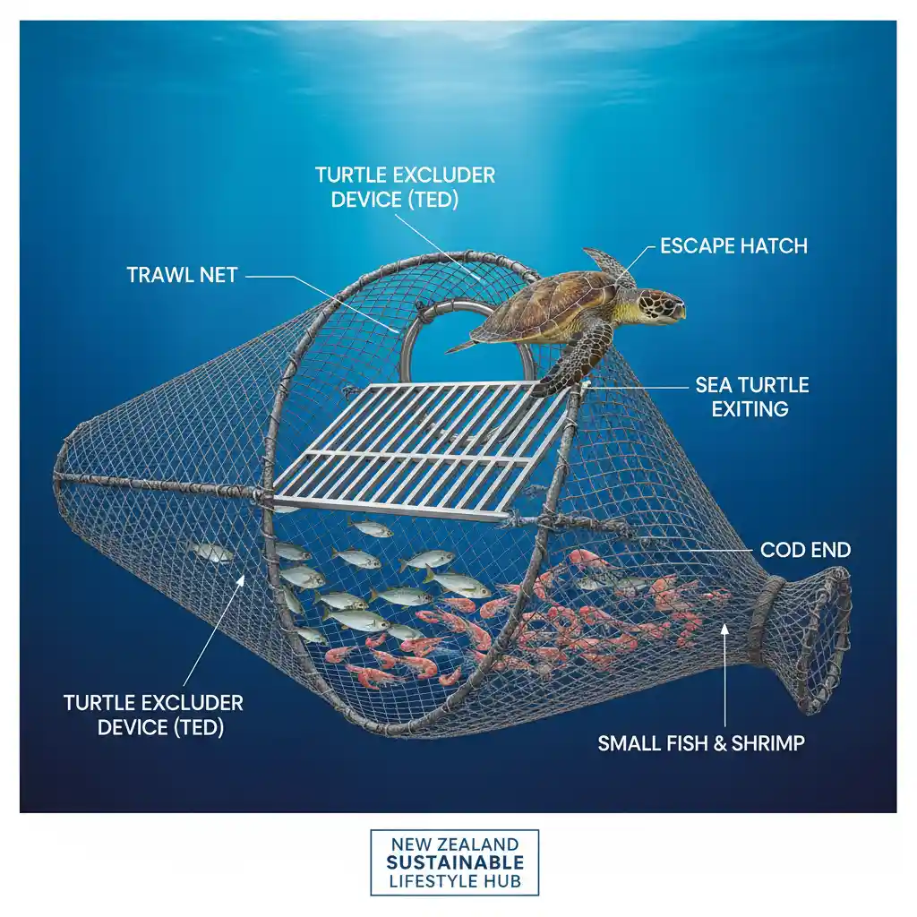 Diagram of a Turtle Excluder Device (TED) in a trawl net