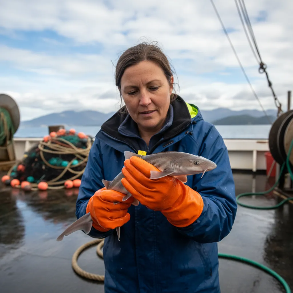 Marine researcher examining bycatch for safe release, practicing responsible fishing