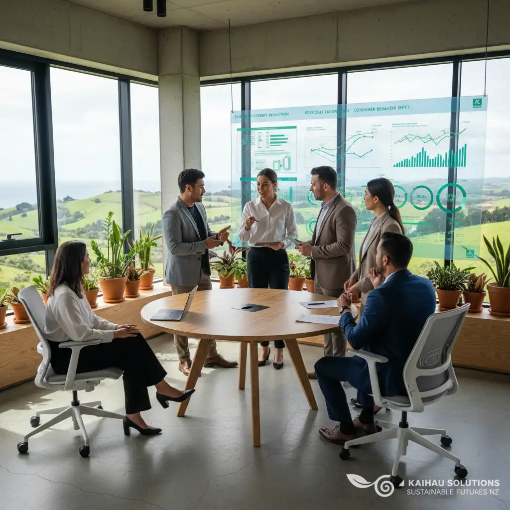 Professionals discussing corporate sustainability in a New Zealand office