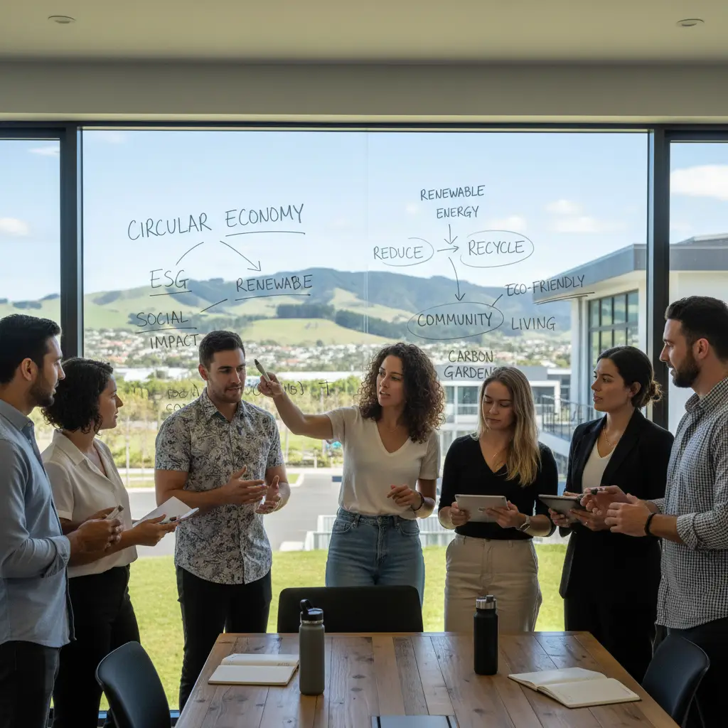 Sustainability professionals brainstorming green strategies