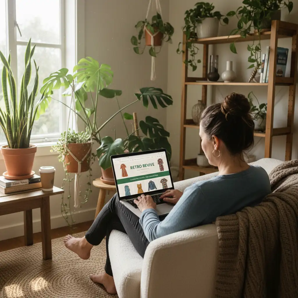 Woman browsing online vintage shops NZ on her laptop, searching for sustainable fashion.