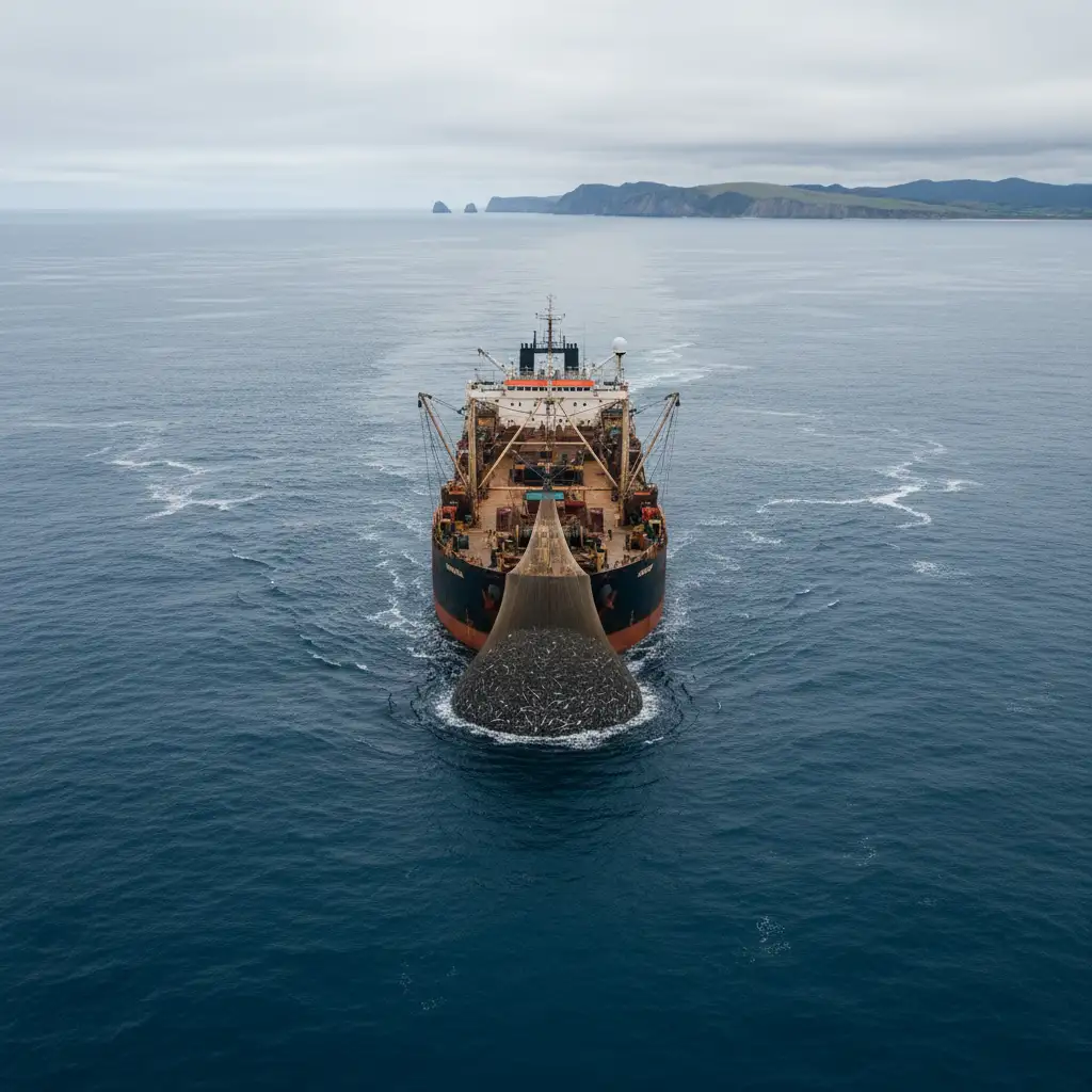 Industrial fishing trawler depleting fish stocks