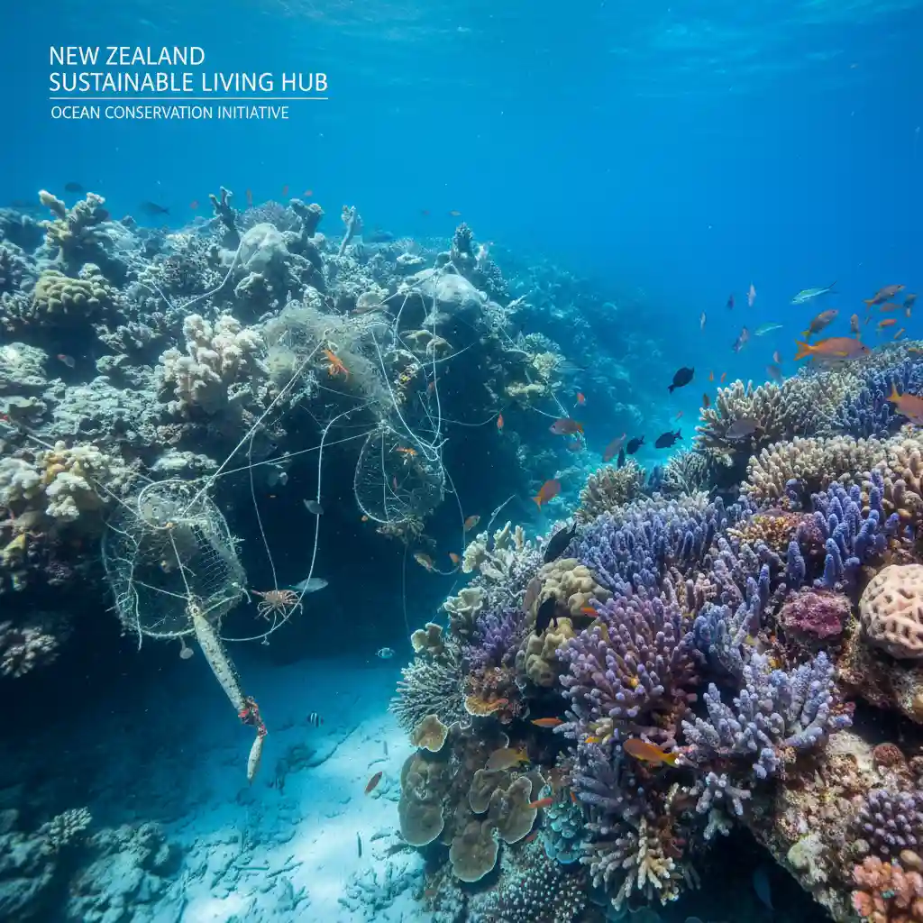 Healthy marine ecosystem contrasting with damaged coral and fishing gear