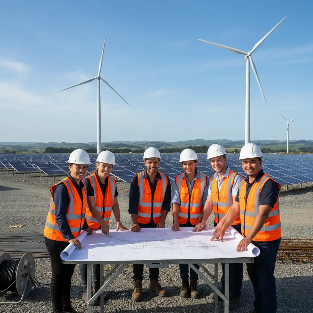 Engineers collaborating on a renewable energy project plan