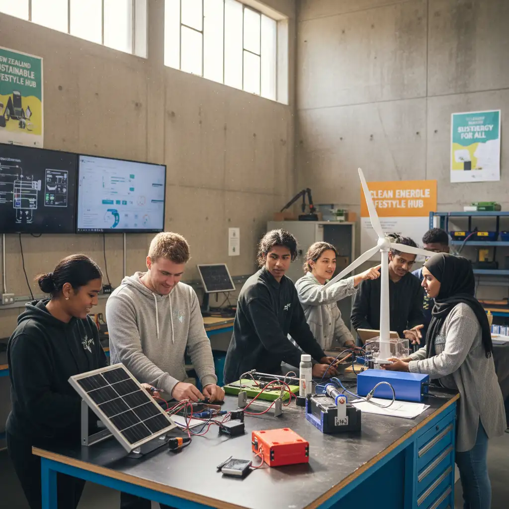 Students learning renewable energy technology in New Zealand