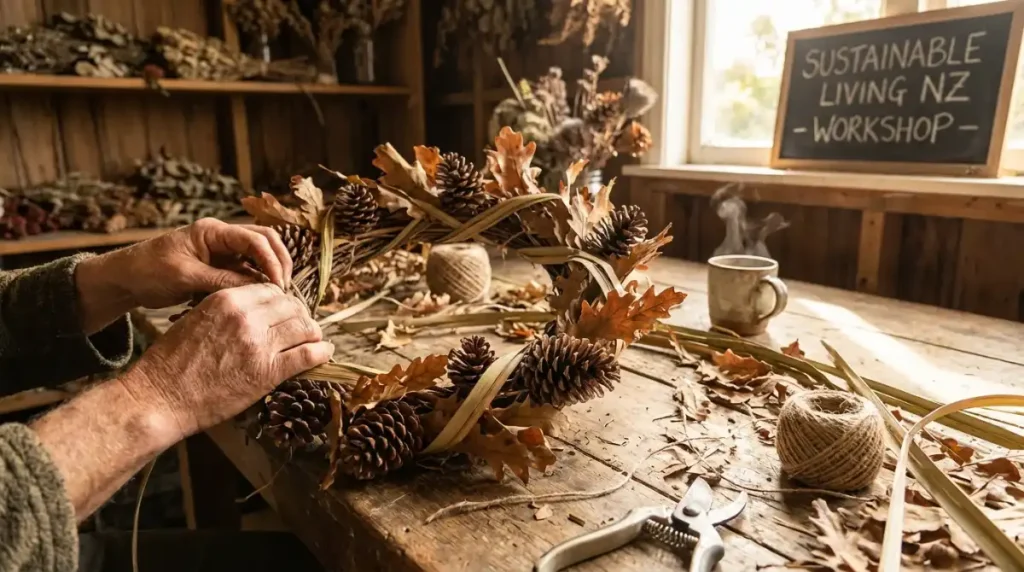 Hands crafting an eco-friendly seasonal wreath with natural materials from New Zealand