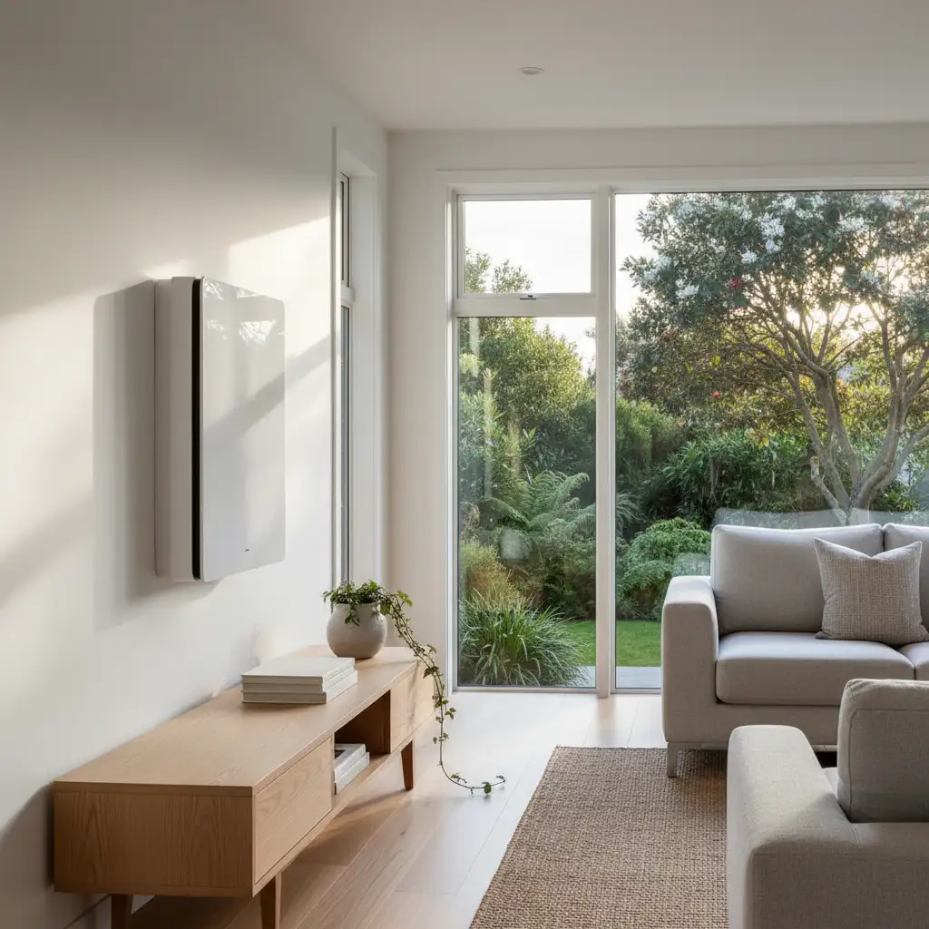 Modern heat pump in an NZ home living room