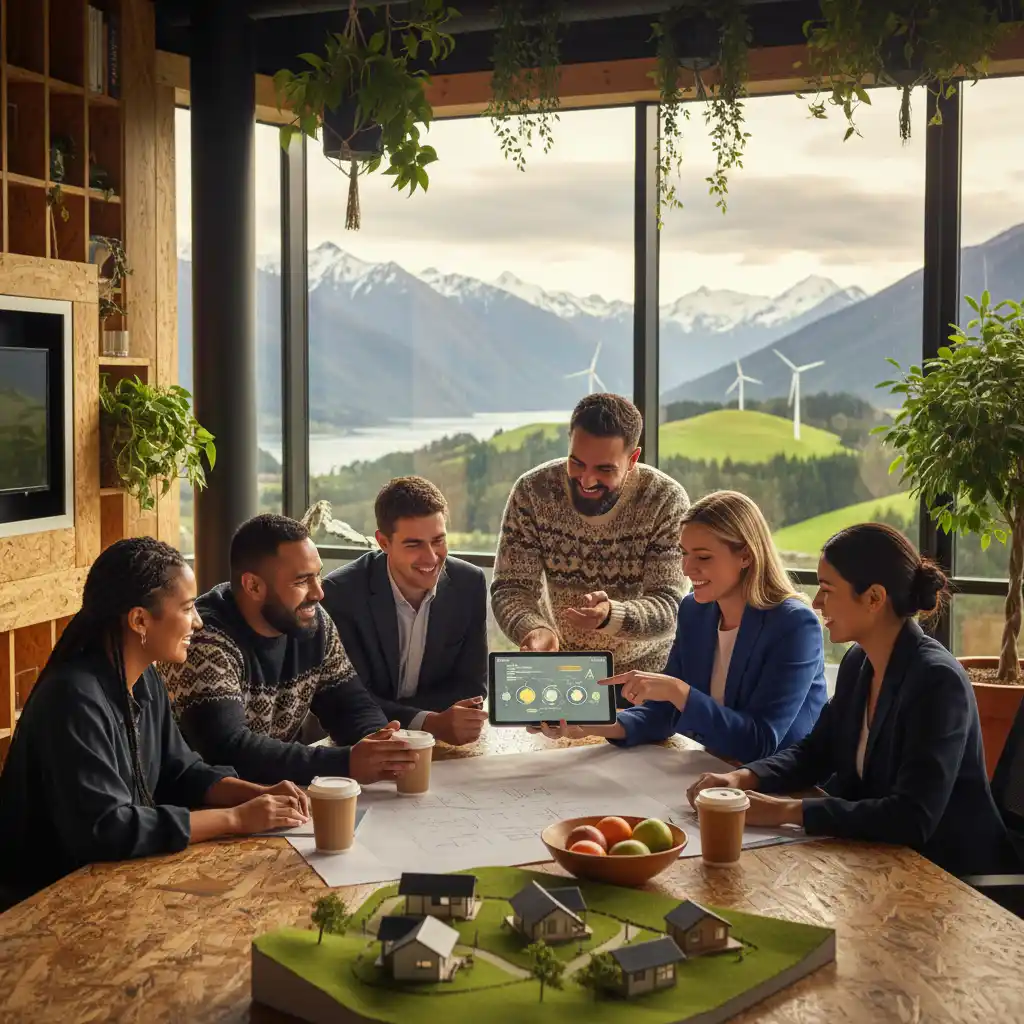 Professionals collaborating on green energy project, exemplifying future trends in green jobs in New Zealand