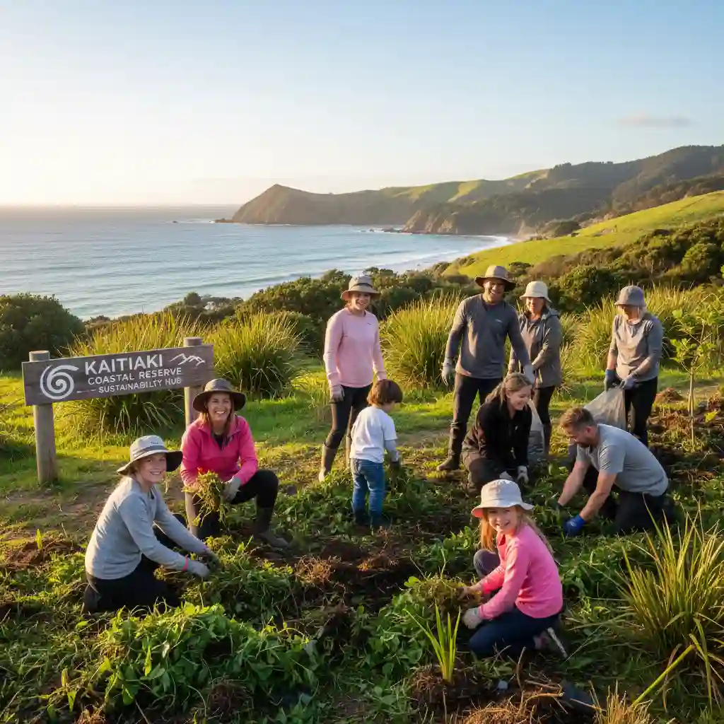 Campers volunteering for conservation in a beautiful New Zealand landscape
