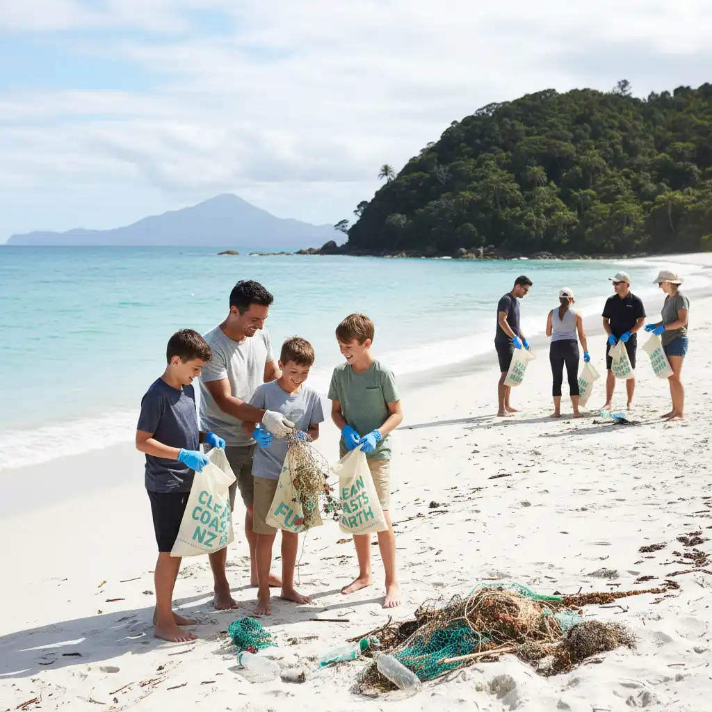 Family volunteering for a beach clean-up in New Zealand