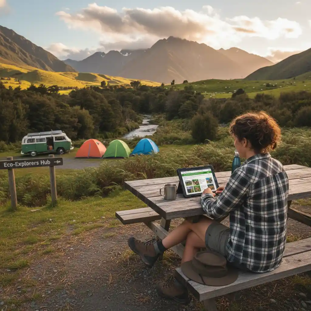 Camper researching volunteer opportunities online