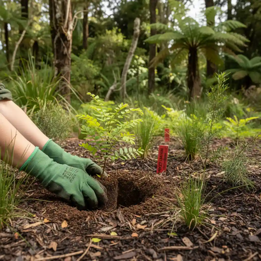 Hands planting a native seedling for conservation