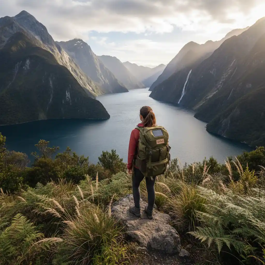 Hiker with eco-friendly backpack overlooking New Zealand fiord