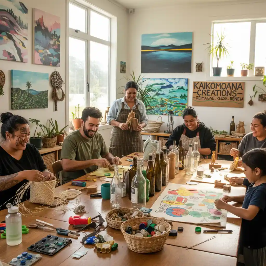 Diverse participants at a sustainable crafting workshop in New Zealand, making eco-friendly crafts
