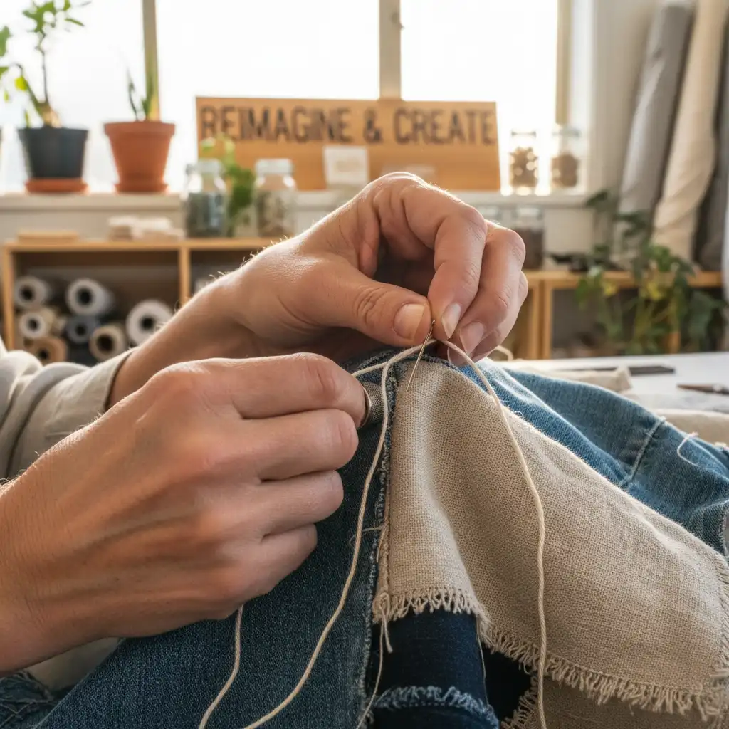 Hands stitching repurposed fabric at a sustainable textile workshop