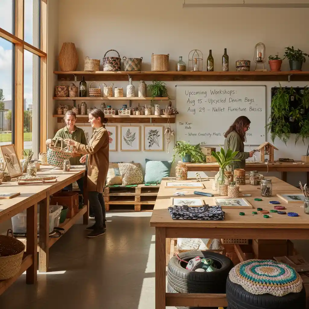 Vibrant community workshop displaying finished sustainable craft projects