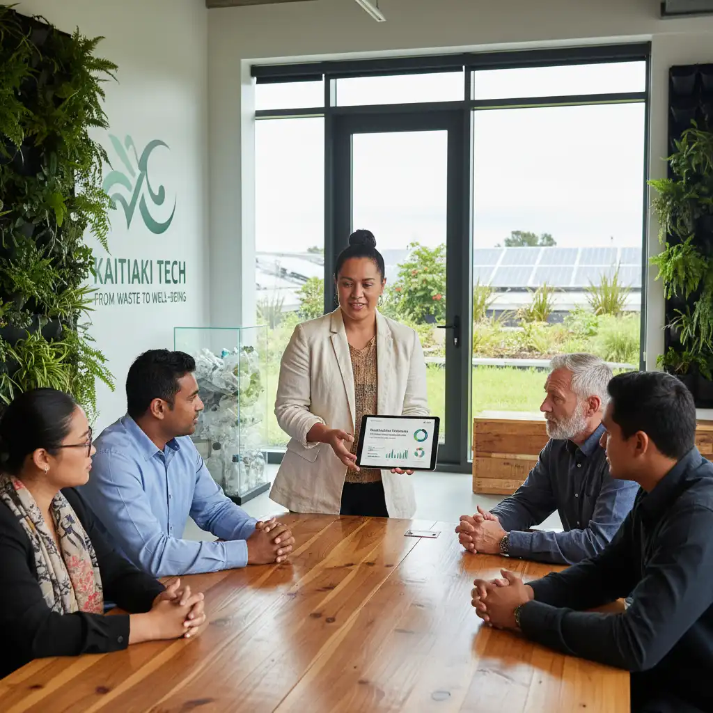 Female engineer leading a diverse team in green tech