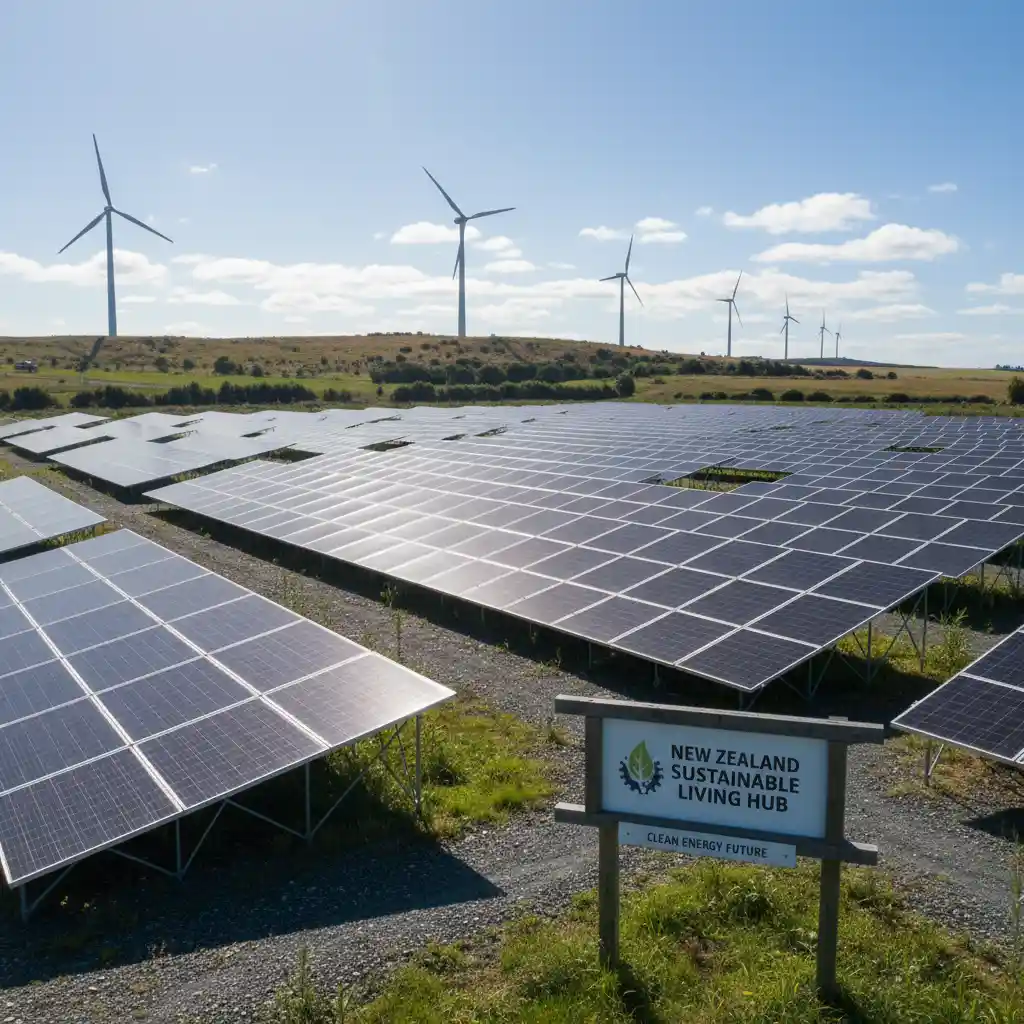 Solar farm and wind turbines representing renewable energy infrastructure