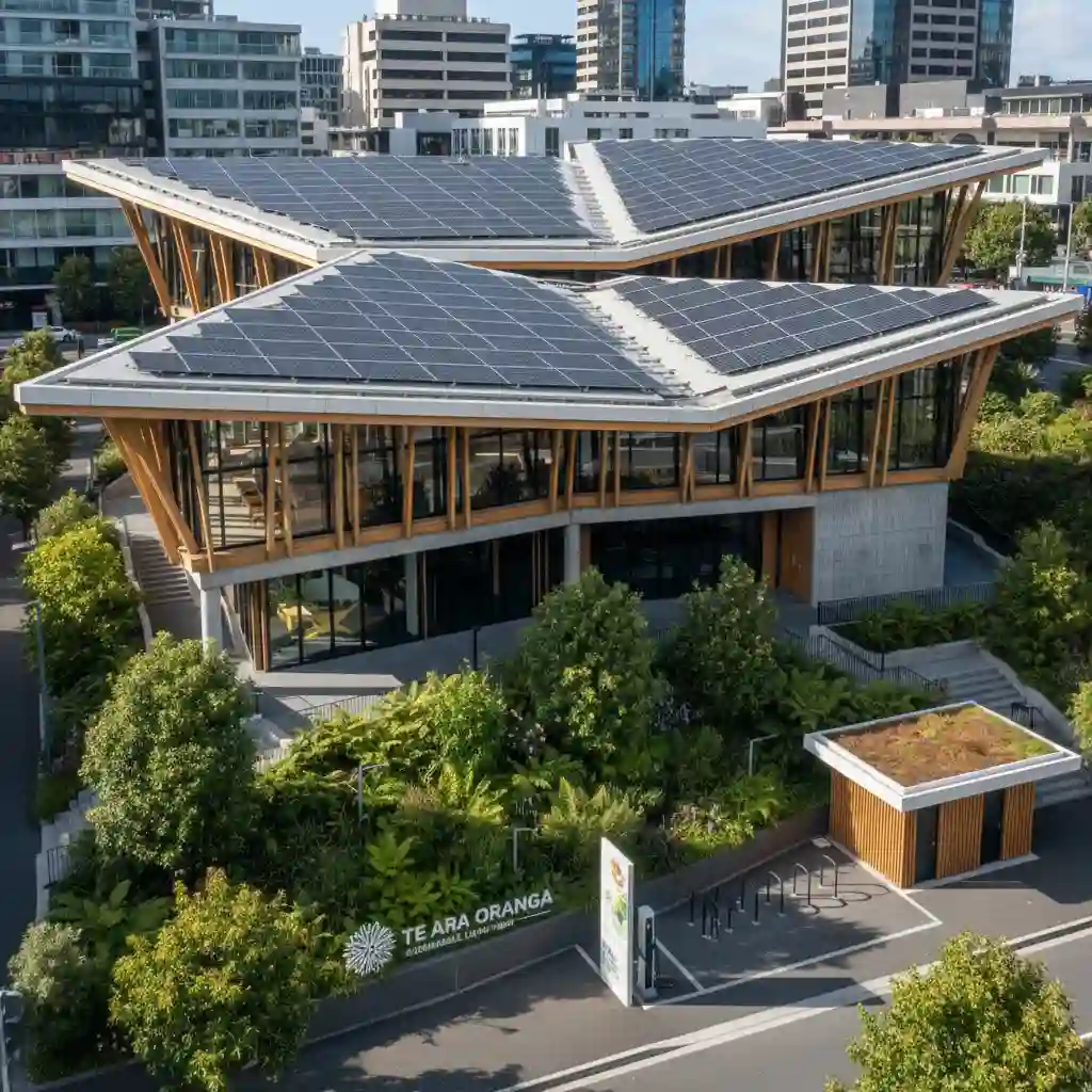 Modern building with rooftop solar panels, showcasing sustainable urban design