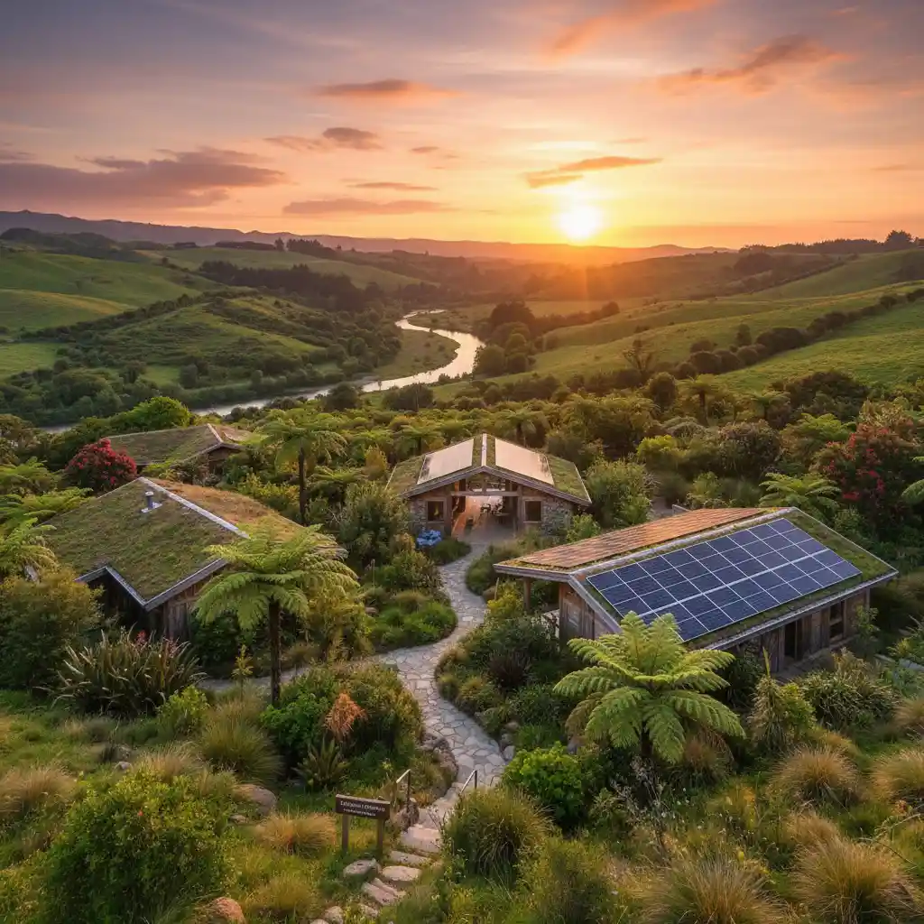 Eco-friendly resort with solar panels and native plants, illustrating sustainable accommodation