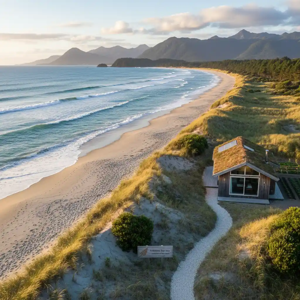 Sustainable lodge on a pristine New Zealand beach, showing eco-tourism