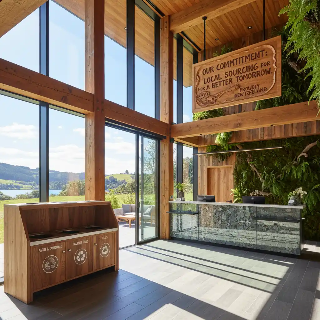 Hotel reception with recycling station and local sourcing sign, indicating sustainable practices