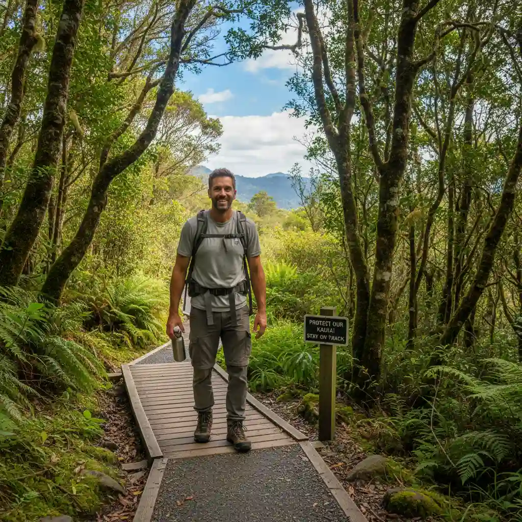 Traveller hiking on a trail in New Zealand forest, representing responsible tourism