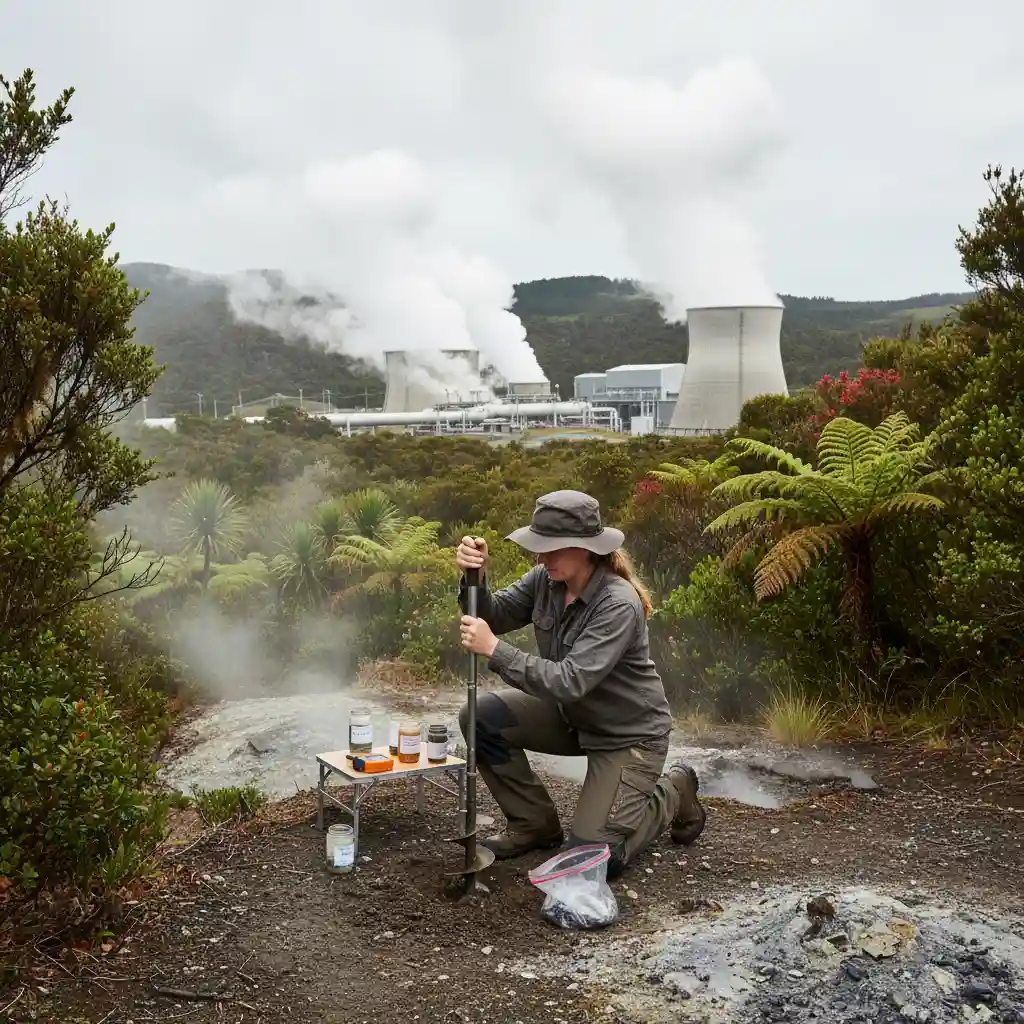 Environmental scientist working at a geothermal energy site in New Zealand