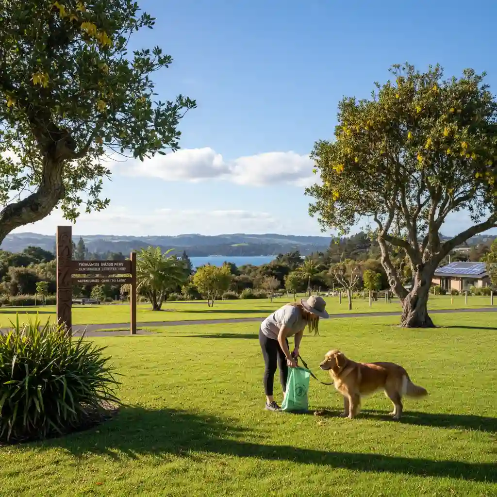 Responsible dog owner using compostable bag in a clean New Zealand park