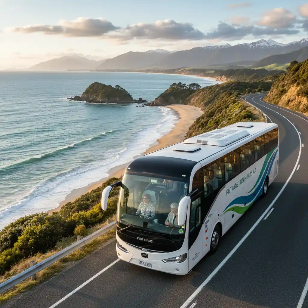 Intercity bus on a scenic New Zealand coastal road
