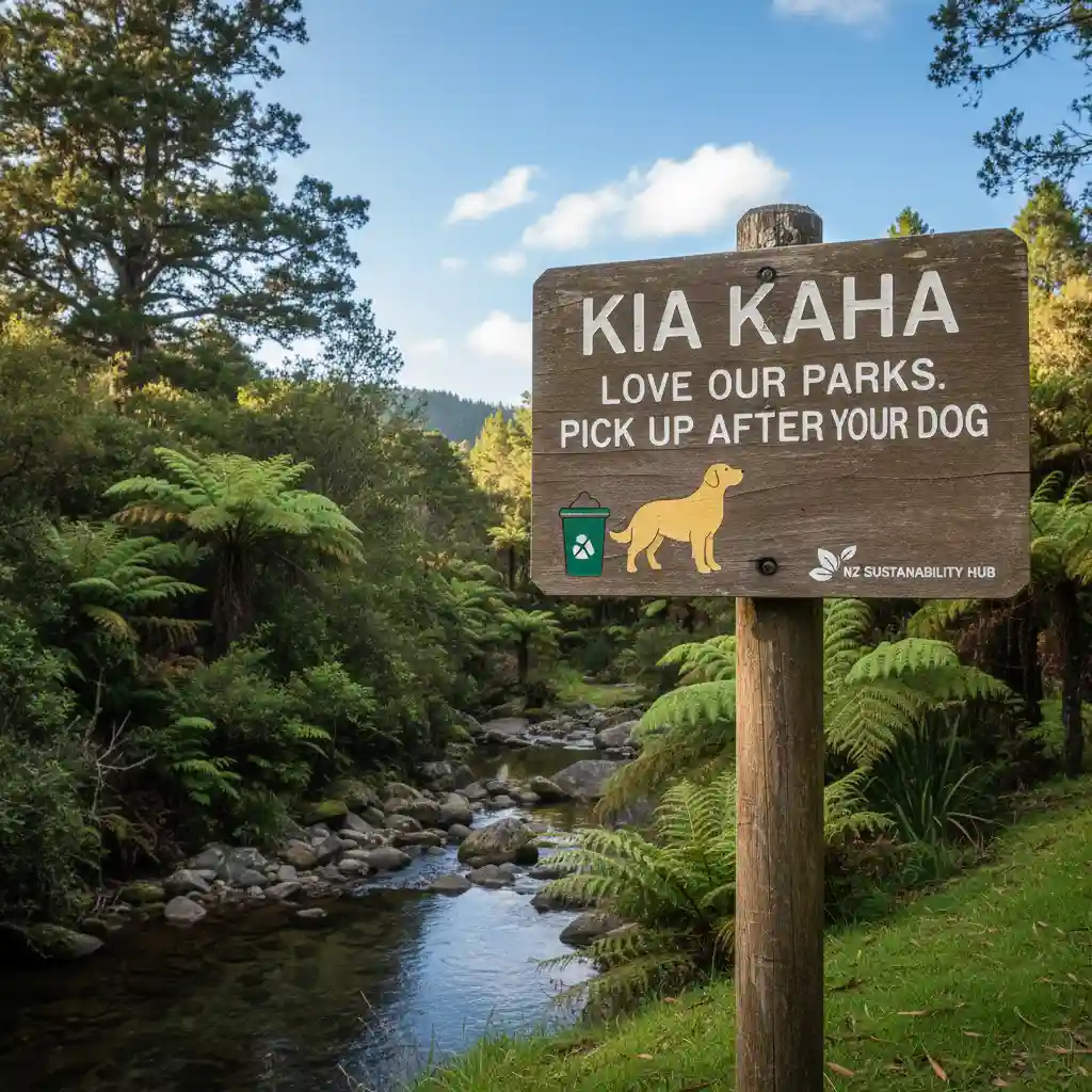 New Zealand park sign promoting responsible pet waste disposal