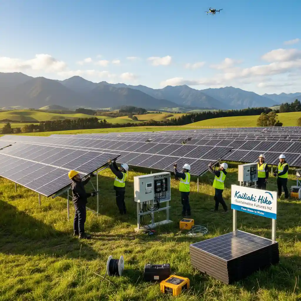 Workers installing solar panels, illustrating job creation in renewable energy sector in New Zealand