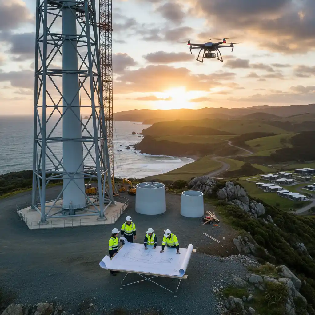 Wind turbine engineers reviewing plans, representing direct job creation in renewable energy construction