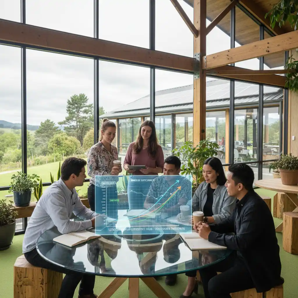 Professionals collaborating on sustainable energy projects, showcasing diverse green jobs and office environment