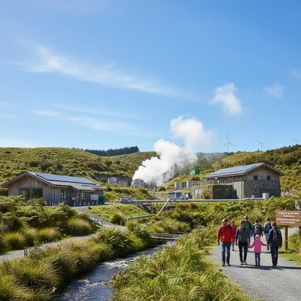 Geothermal power plant in New Zealand, symbolizing renewable energy and local employment opportunities