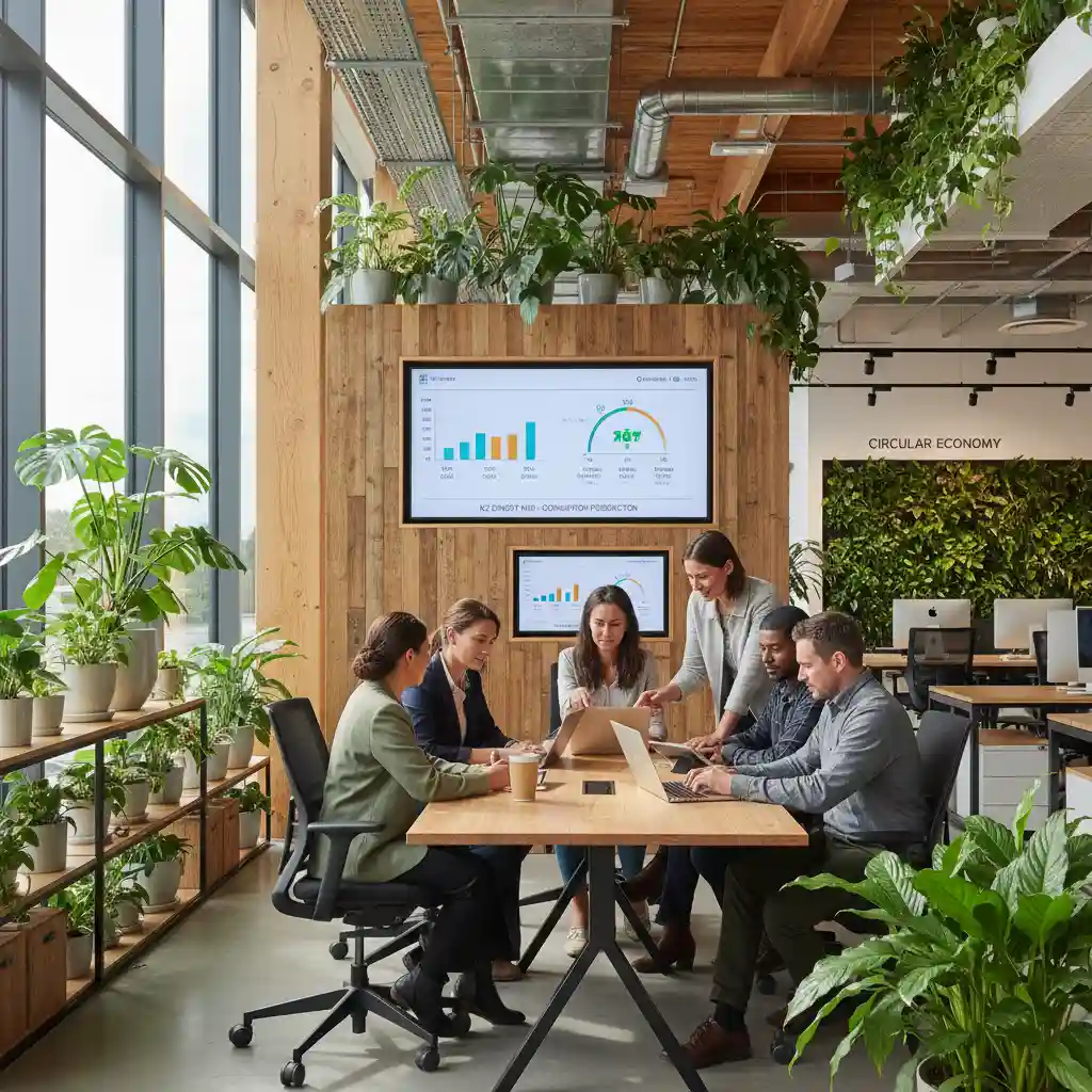 Professionals collaborating on green technology projects in a sustainable office