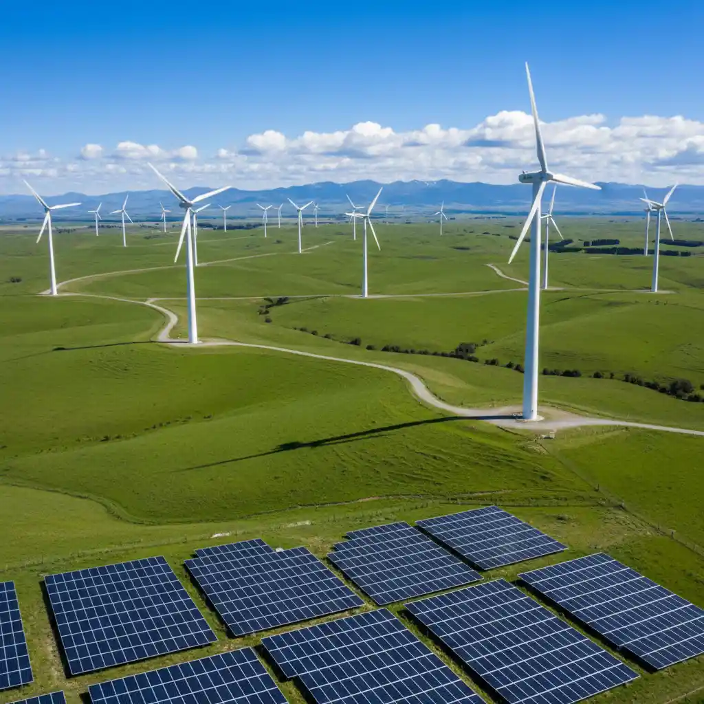 New Zealand wind farm and solar panels demonstrating renewable energy