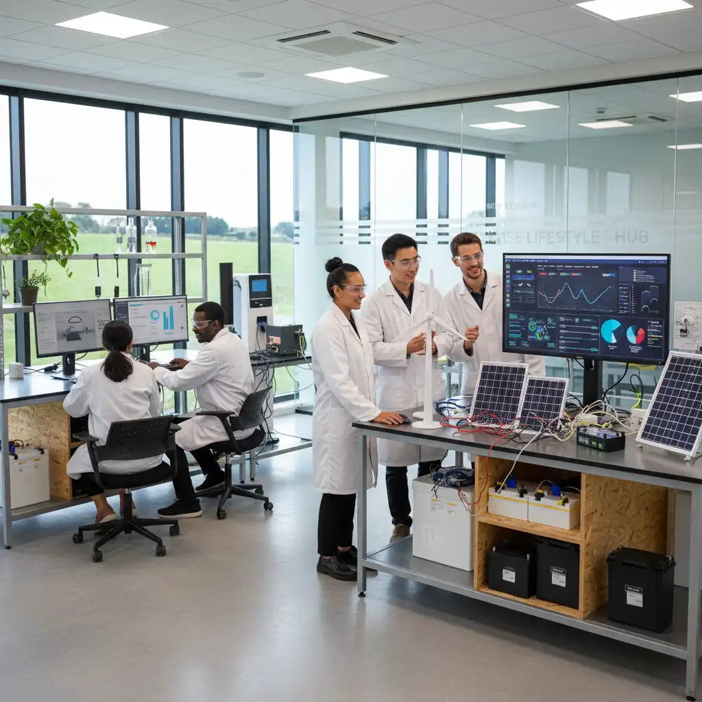 Young professionals researching sustainable energy in a green technology lab