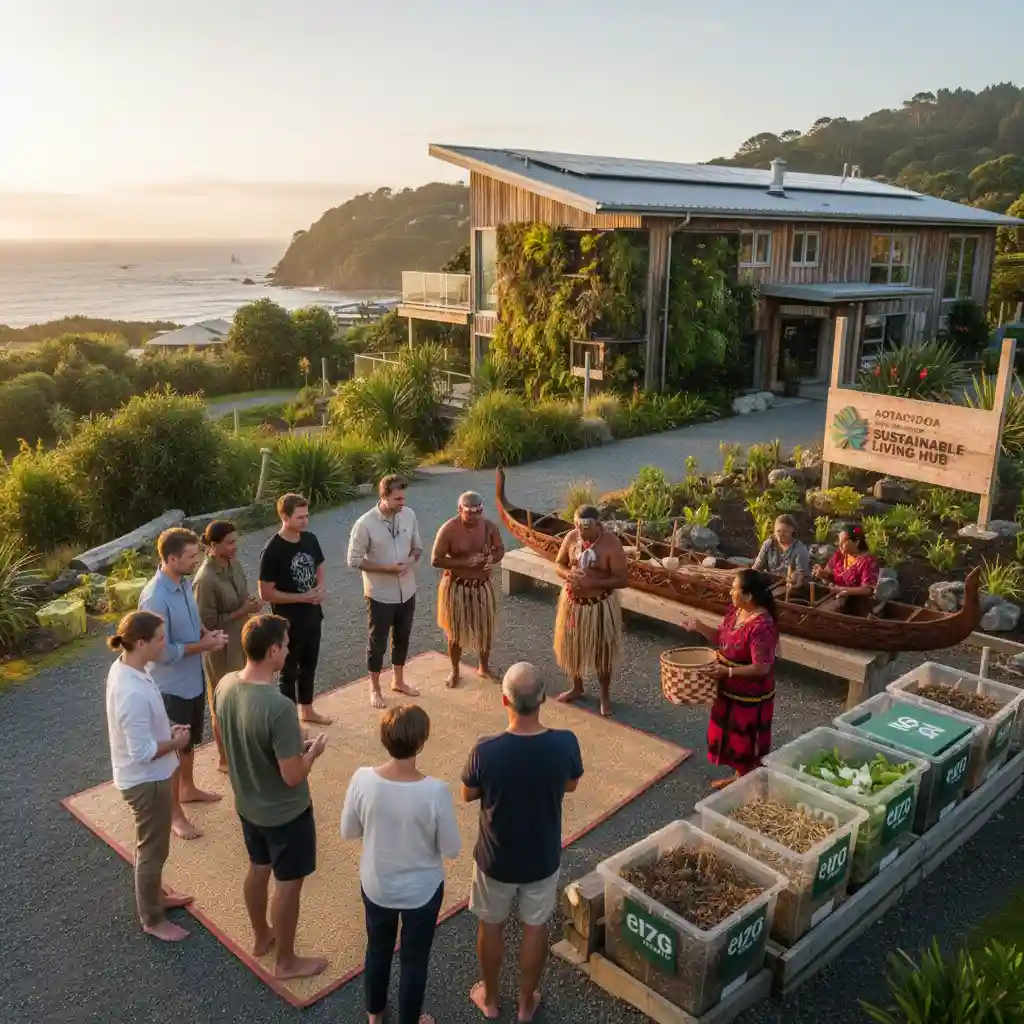 Tourists respectfully engaging in a local Māori cultural experience, supporting responsible tourism in New Zealand