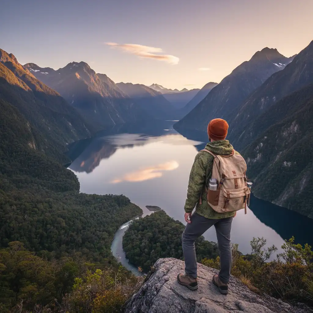 Hiker with eco-friendly outdoor gear in New Zealand
